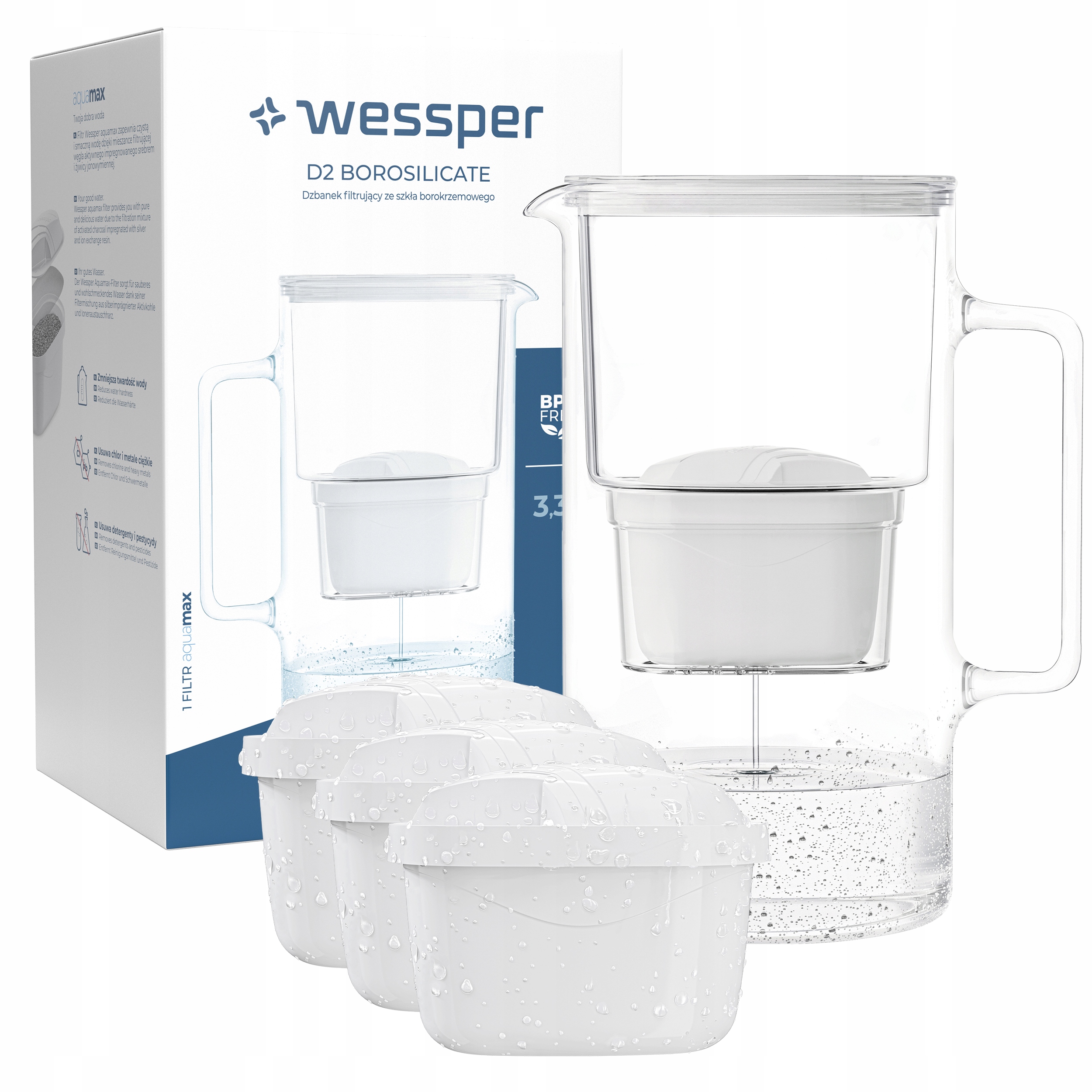 Wessper D2 Borosilikátový Aquamax + Aquafloow Maxi filtračná kanvica 3,3 l biela